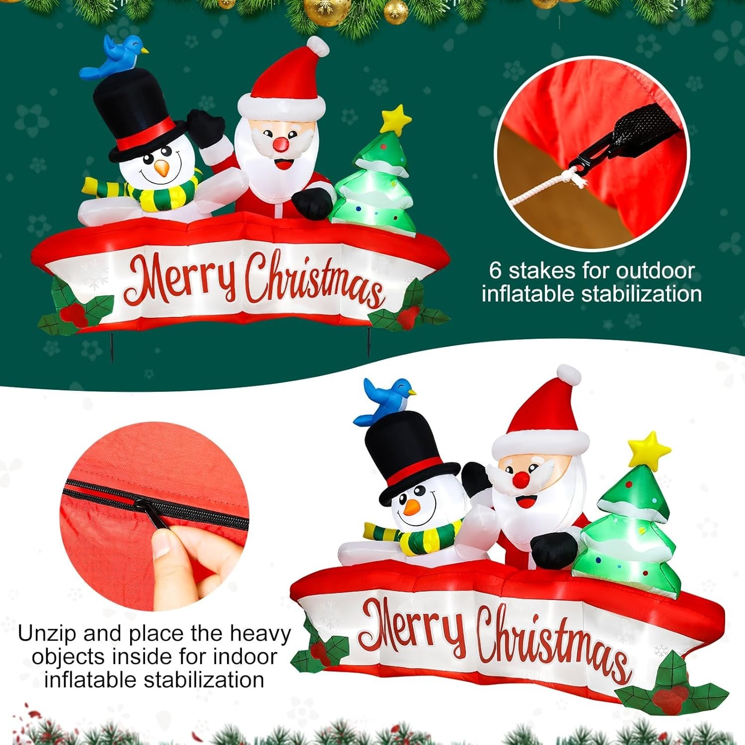 8FT Long Inflatable Santa Tree Merry Christmas Banner LED Outdoor Decoration