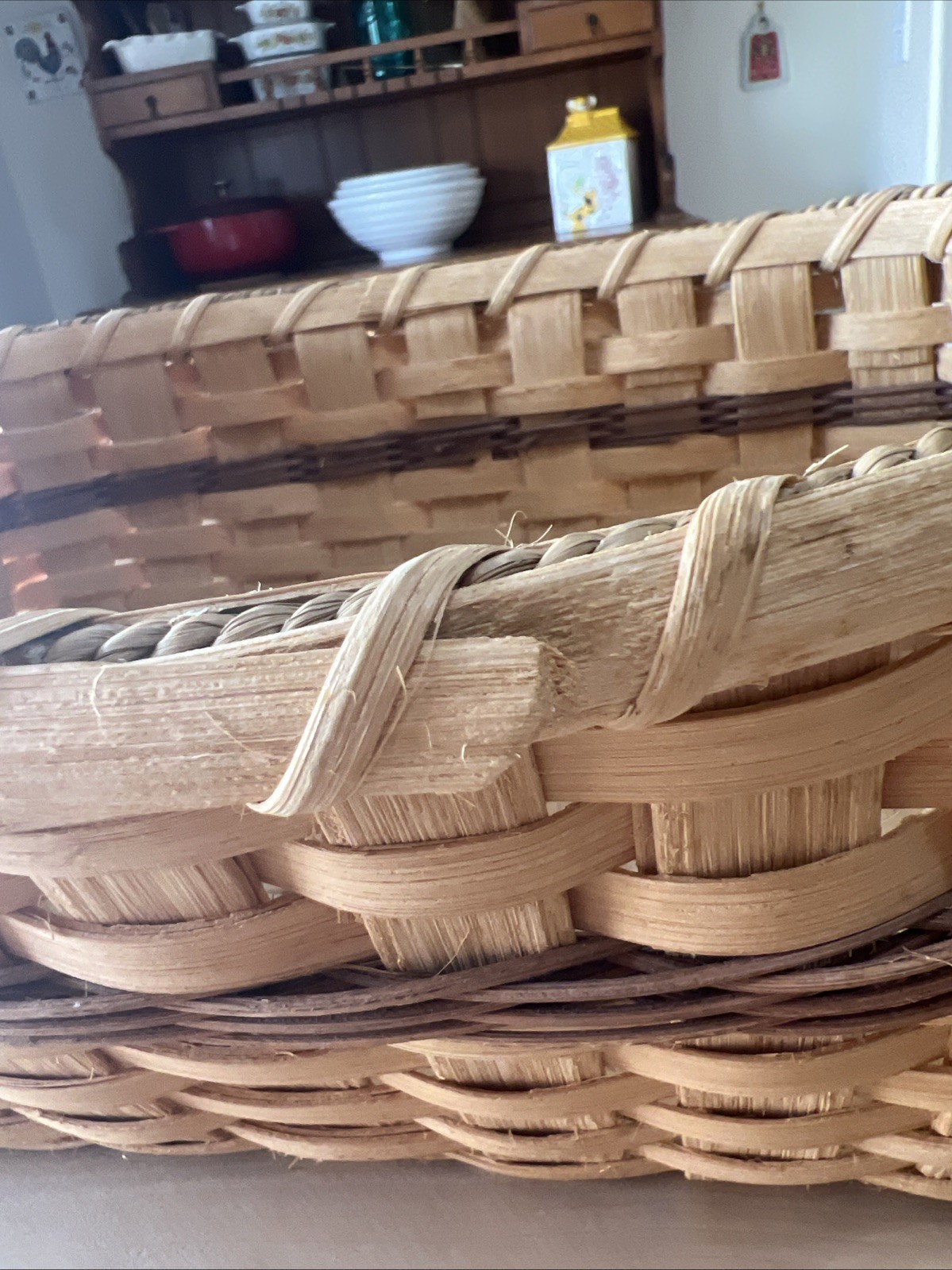 Handmade Split Oak Basket Fixed Handle Double Rim Rustic Farmhouse Primitive 13″