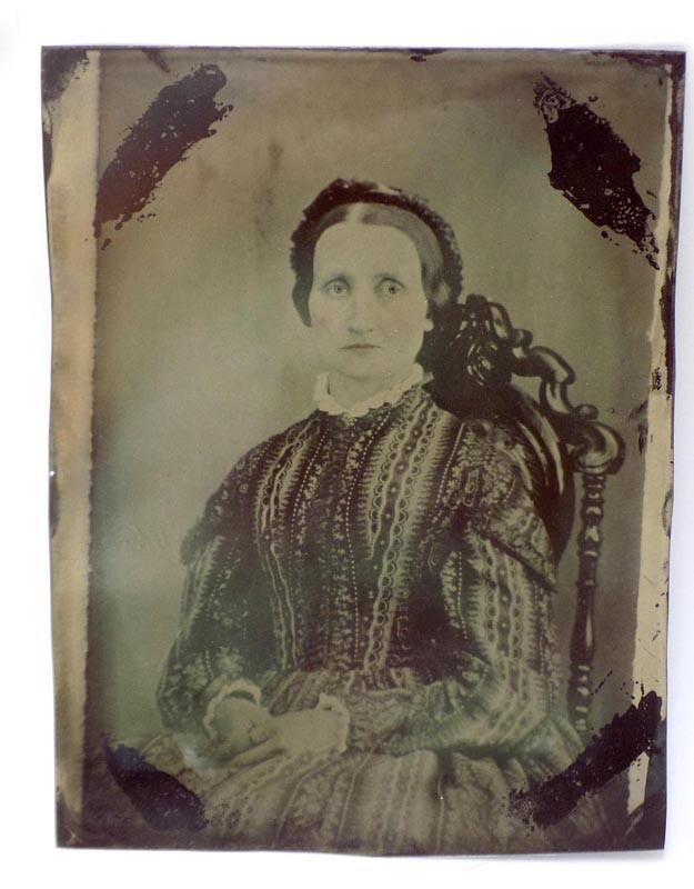 Antique Tintype Woman in Print Dress 6.5×8.5 “
