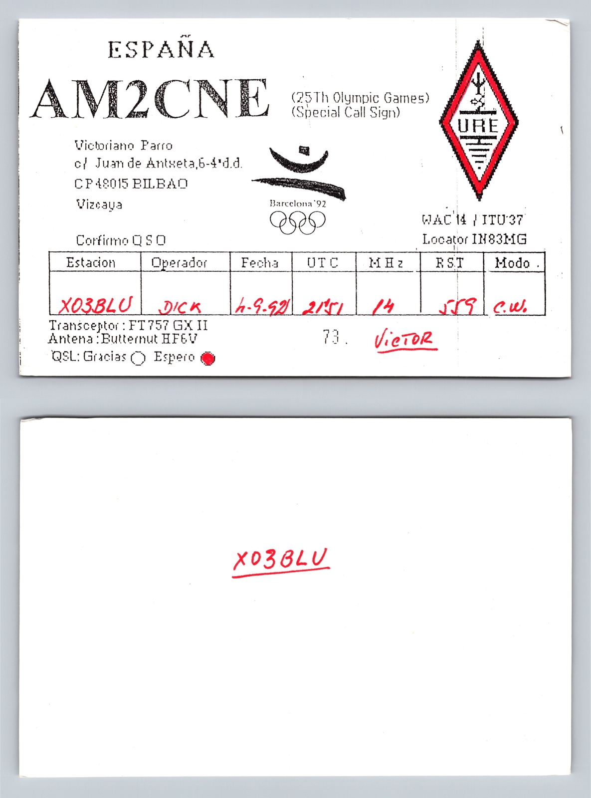 Ham Radio QSL QSO Postcard AM2CNE, Bilbao, Vizcaya, Spain