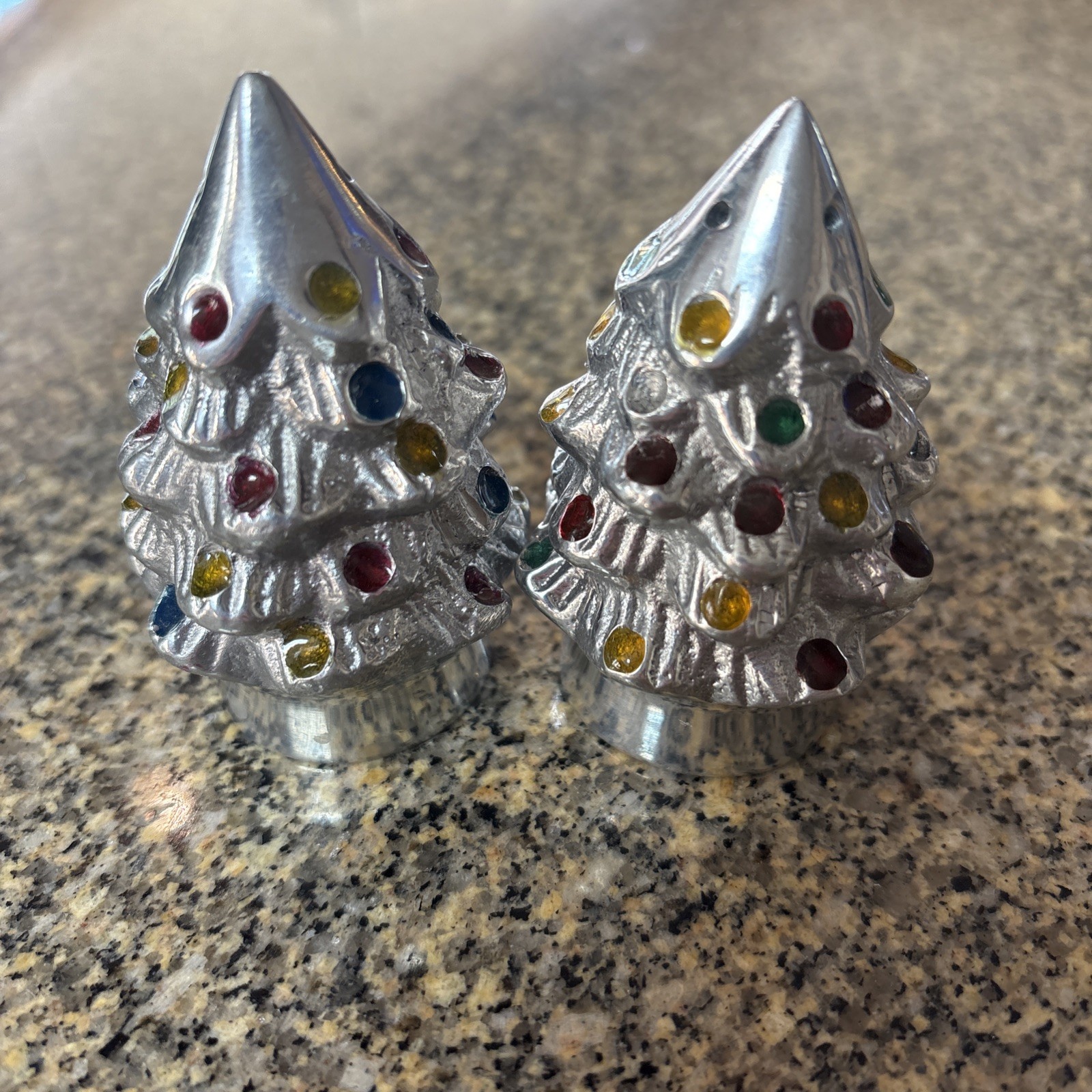 Pottery Barn Brushed Silver Jeweled Christmas Tree Salt & Pepper Shaker Set