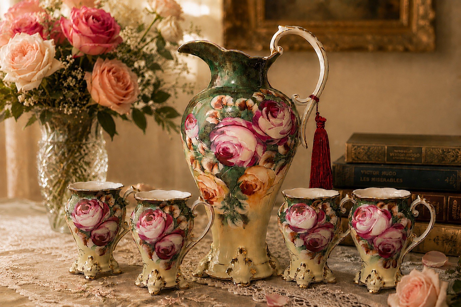 Vintage Limoges Large 15” Lemonade Pitcher & 4 Glasses Cabbage Roses Gold Footed