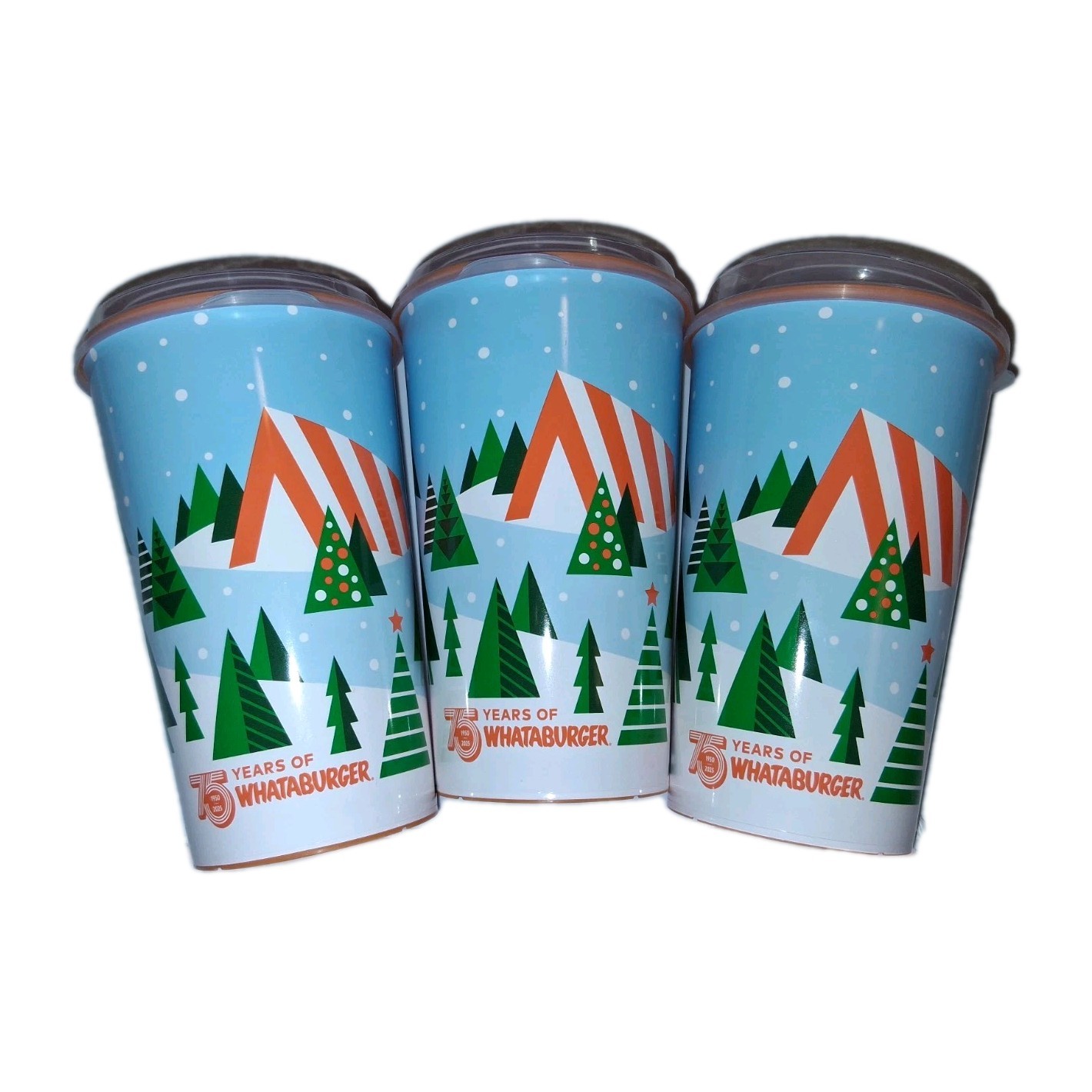 WHATABURGER 75th Anniversary Ltd Edition 32oz Xmas Cups Set of 3, Lids & Straws