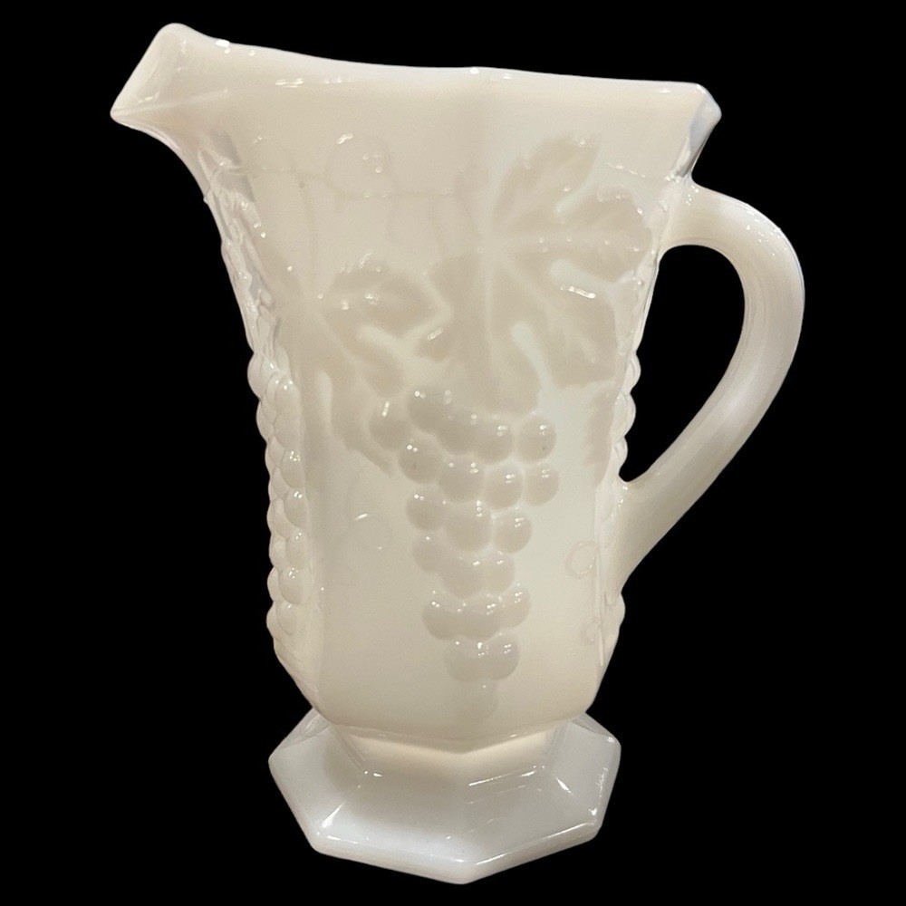 Vintage 1960s Anchor Hocking White Milk Glass Grapes & Leaves Harvest Pitcher