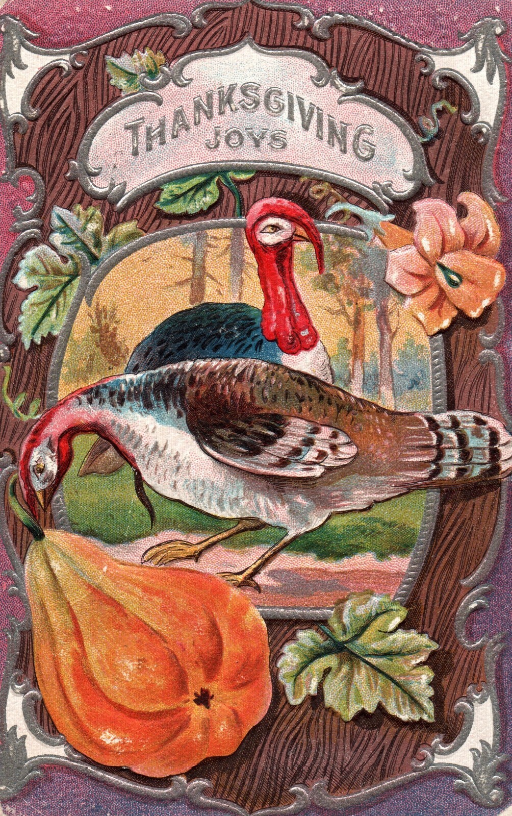 Thanksgiving Greetings Postcard – Turkeys, Orange Squash, Leaves Postcard