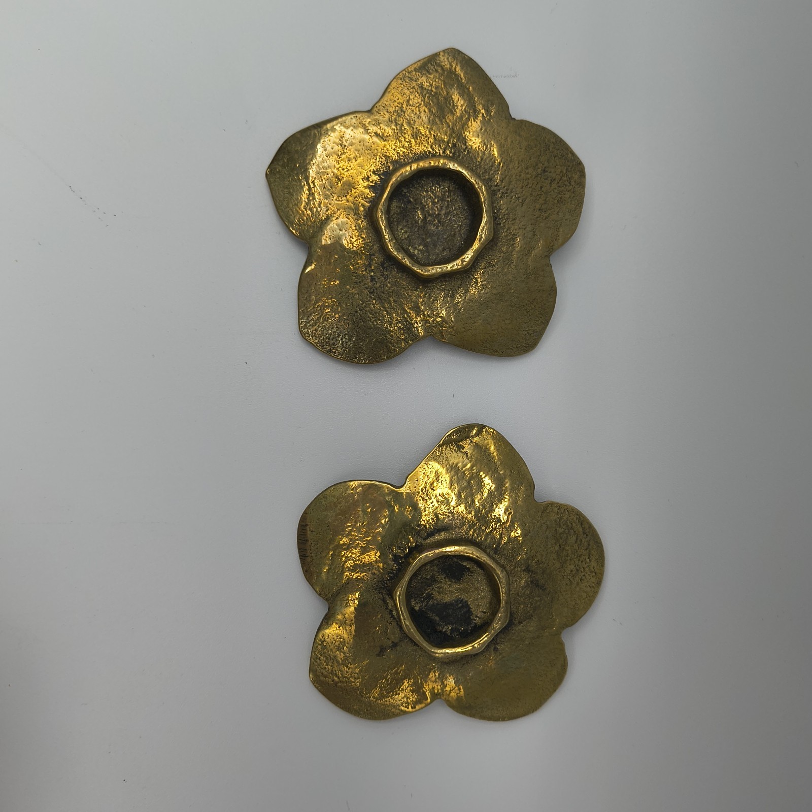 Vintage Solid Brass Trinket Dishes Or Candlesticks Pair Of 2 Flowers Clovers 3″