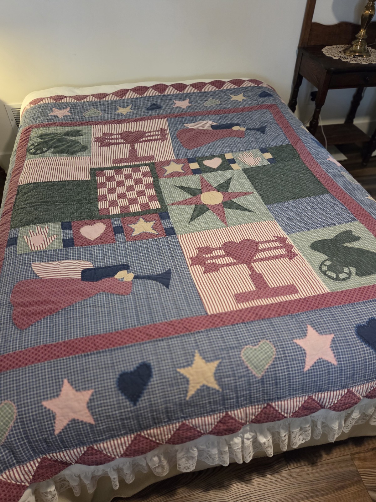 Vintage Appliqué Farm AMERICANA Quilt 78” x 80″ Patchwork Country Queen