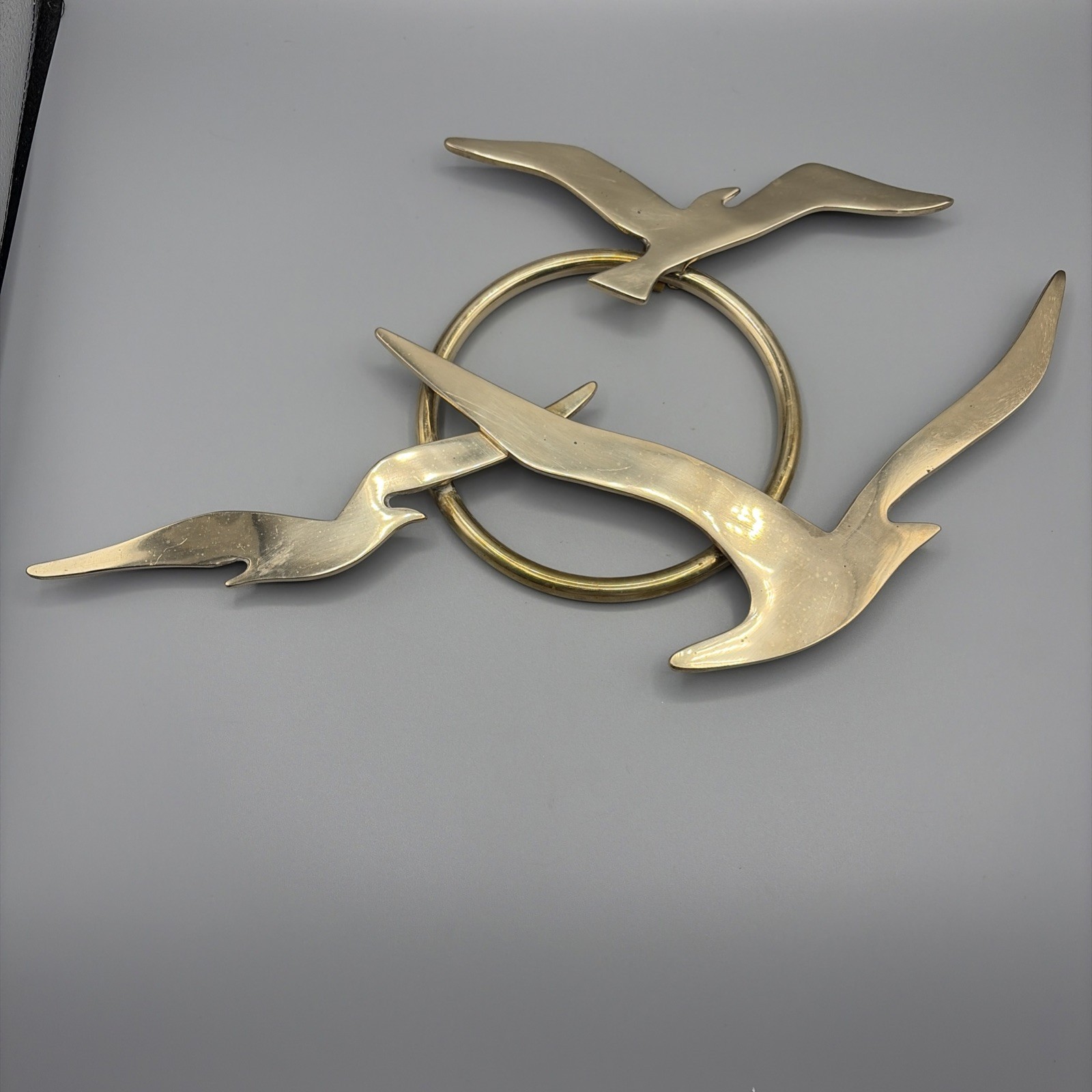 Vintage 1970’s Solid Brass Seagulls in Flight Wall Hanging MCM Decor Ring