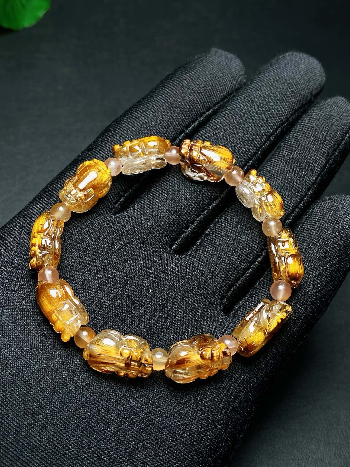 16*9*8mm TOP Natural Gold Rutilated Quartz Crystal Carved Pi Xiu bracelet Decor