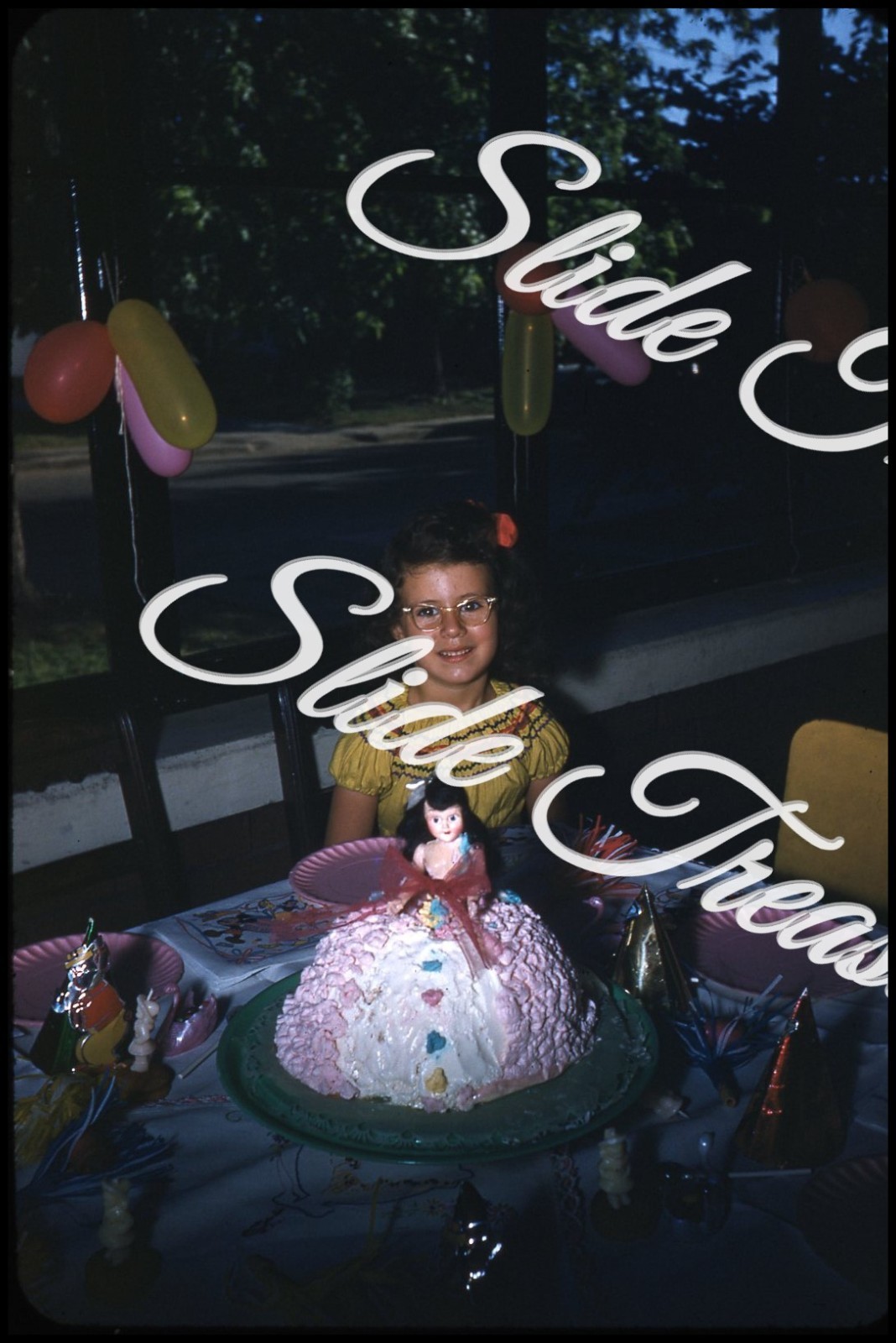 Girl Birthday Party Cake Glasses 35mm Slide 1950s Red Border Kodachrome