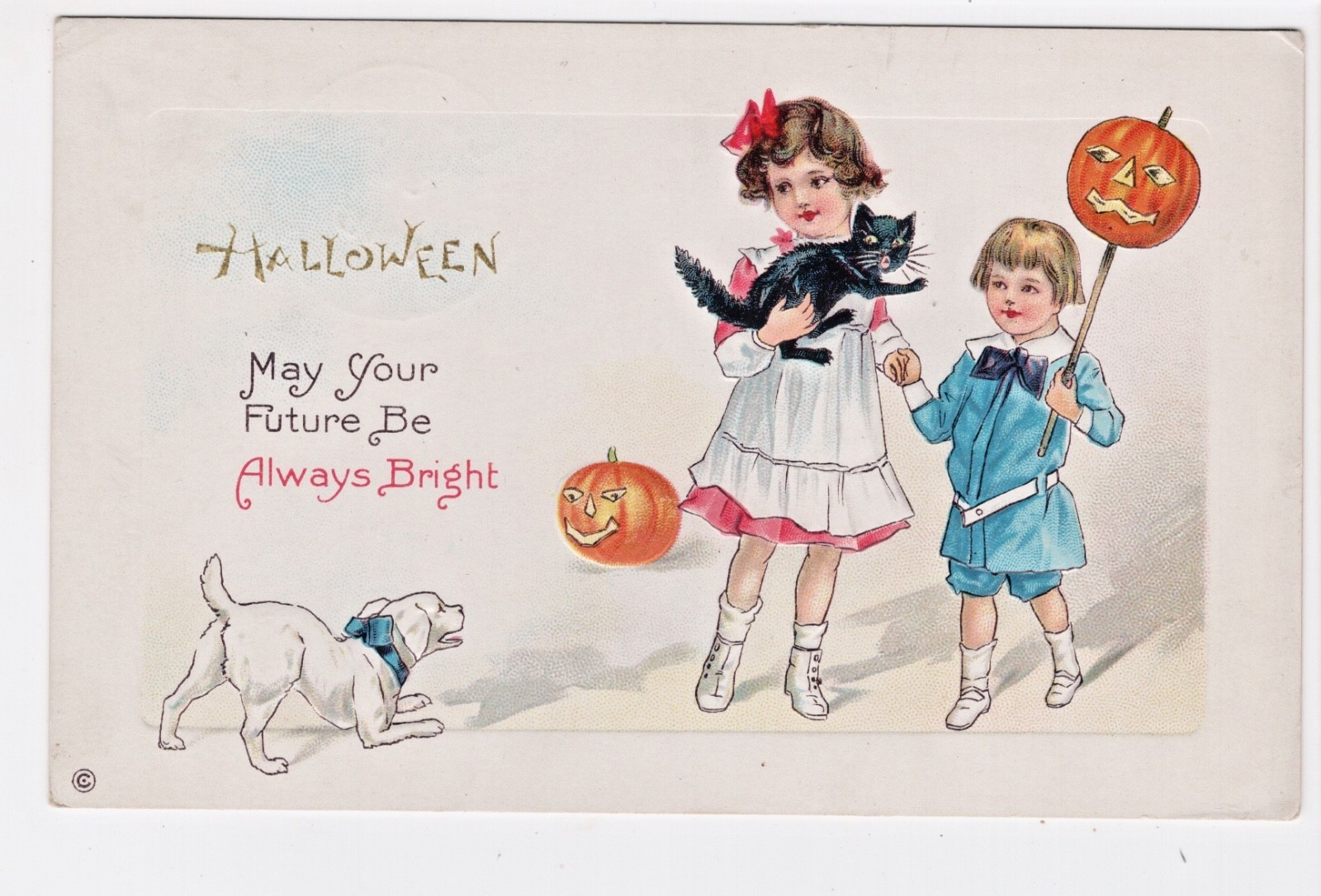 Halloween Stecher Series 339 E Children Dog Black Cat JOL Stick Vintage Postcard