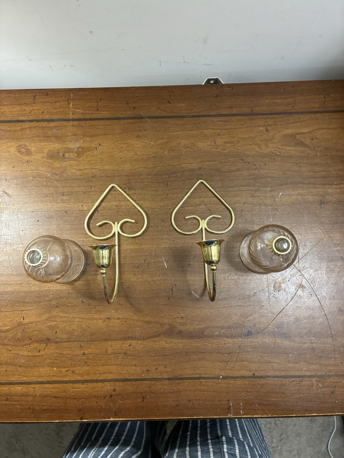 2 Vintage Home Interiors Gold Metal Wall Candle/Sconce Holders With Globes MCM