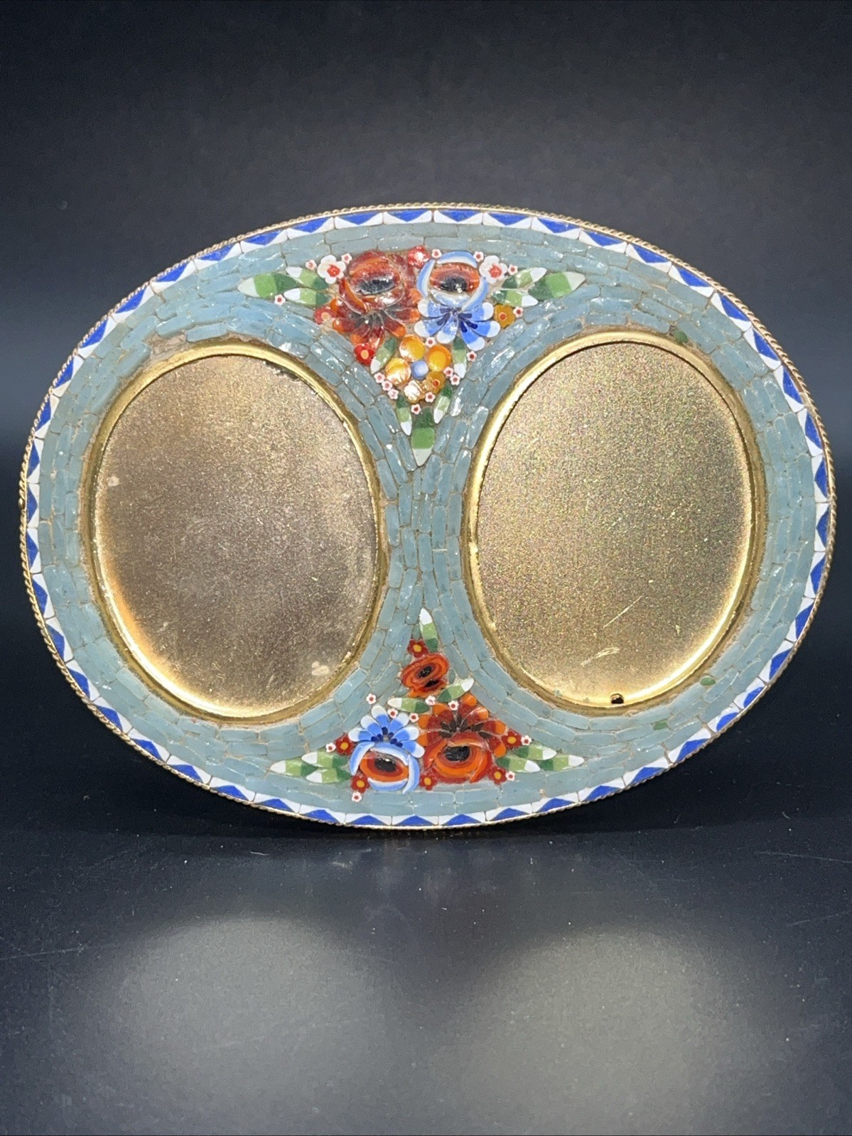 Vintage Double Photo Picture Frame Micro Mosaic Floral Free Standing Oval ITALY