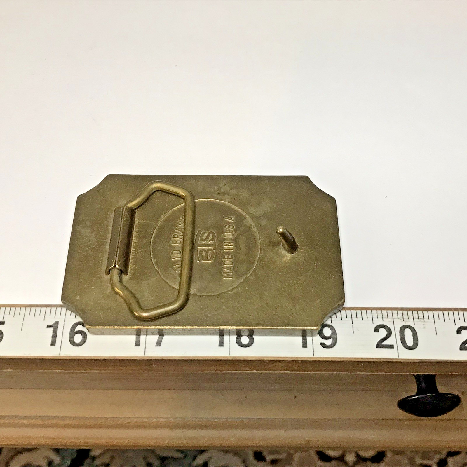 Vintage BTS Solid Brass & Leather Tooled Western Belt Buckle Made In USA (Z77)