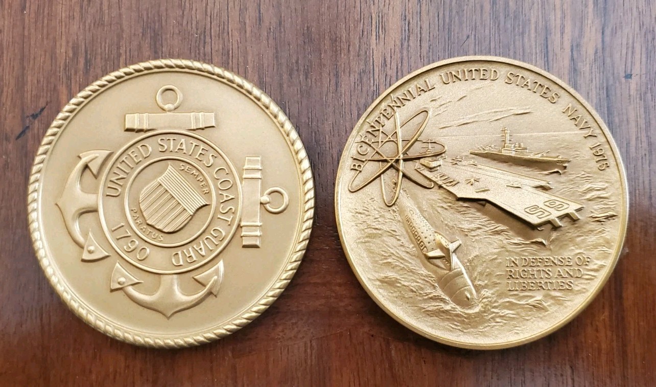 United States Mint Bicentennial Navy AND Coast Guard 3 Inch Bronze Medals