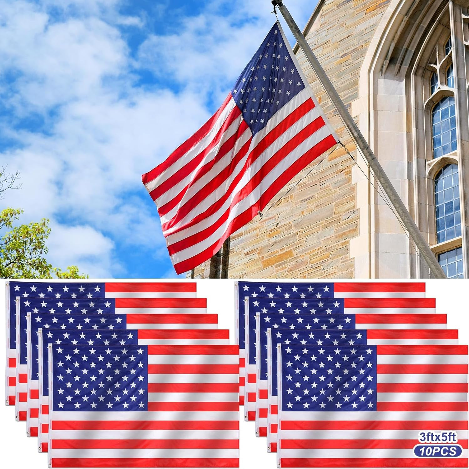 10 Pcs 3X5 Ft American Us Flags Bulk for 250Th Anniversary Waterproof 4Th of Jul