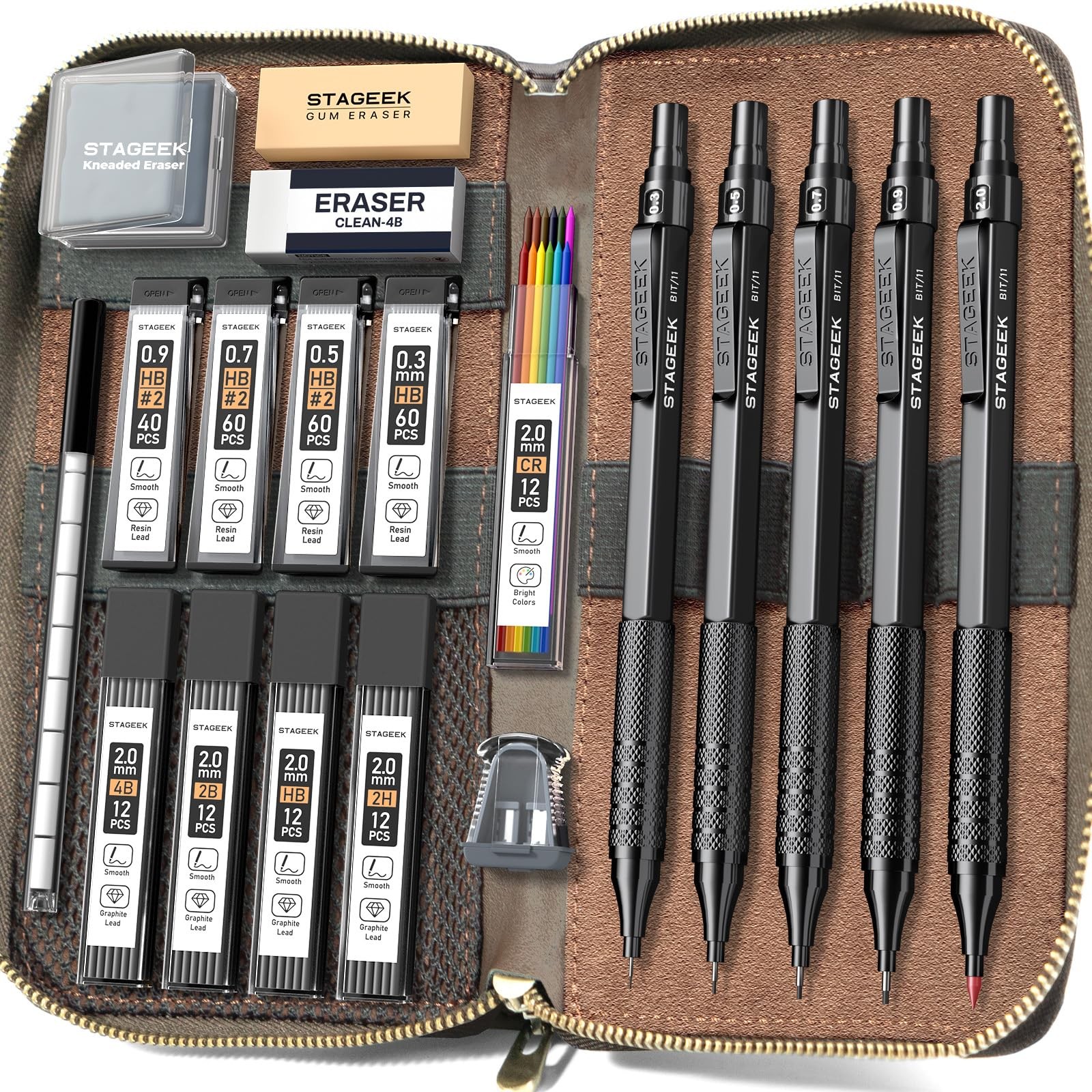 Metal Mechanical Pencil Set in Leather Case, 5PCS Art Drafting Pencil 0.3, 0….