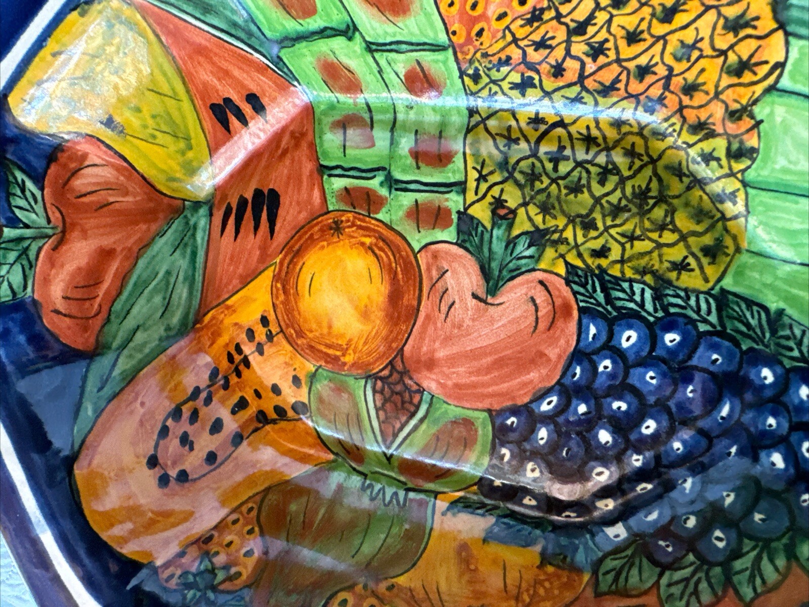 Vintage Talavera Pottery Mexico Art Oval Fruit Bowl Rich Colors 13” X 10”