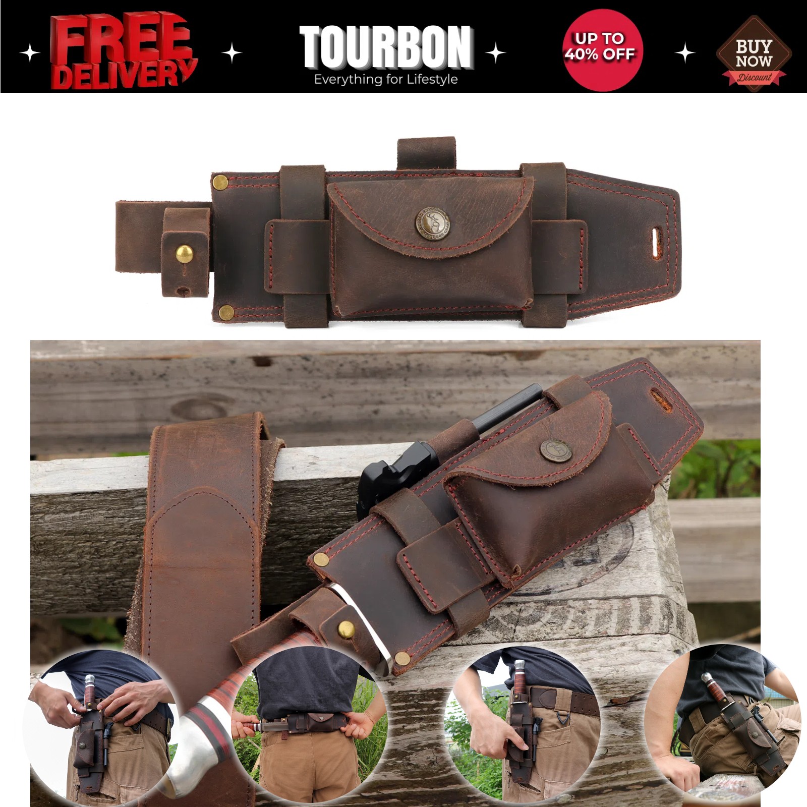 Tourbon Leather Tracker Knife Sheath Horizontal Belt Holster Case Hunting Pouch