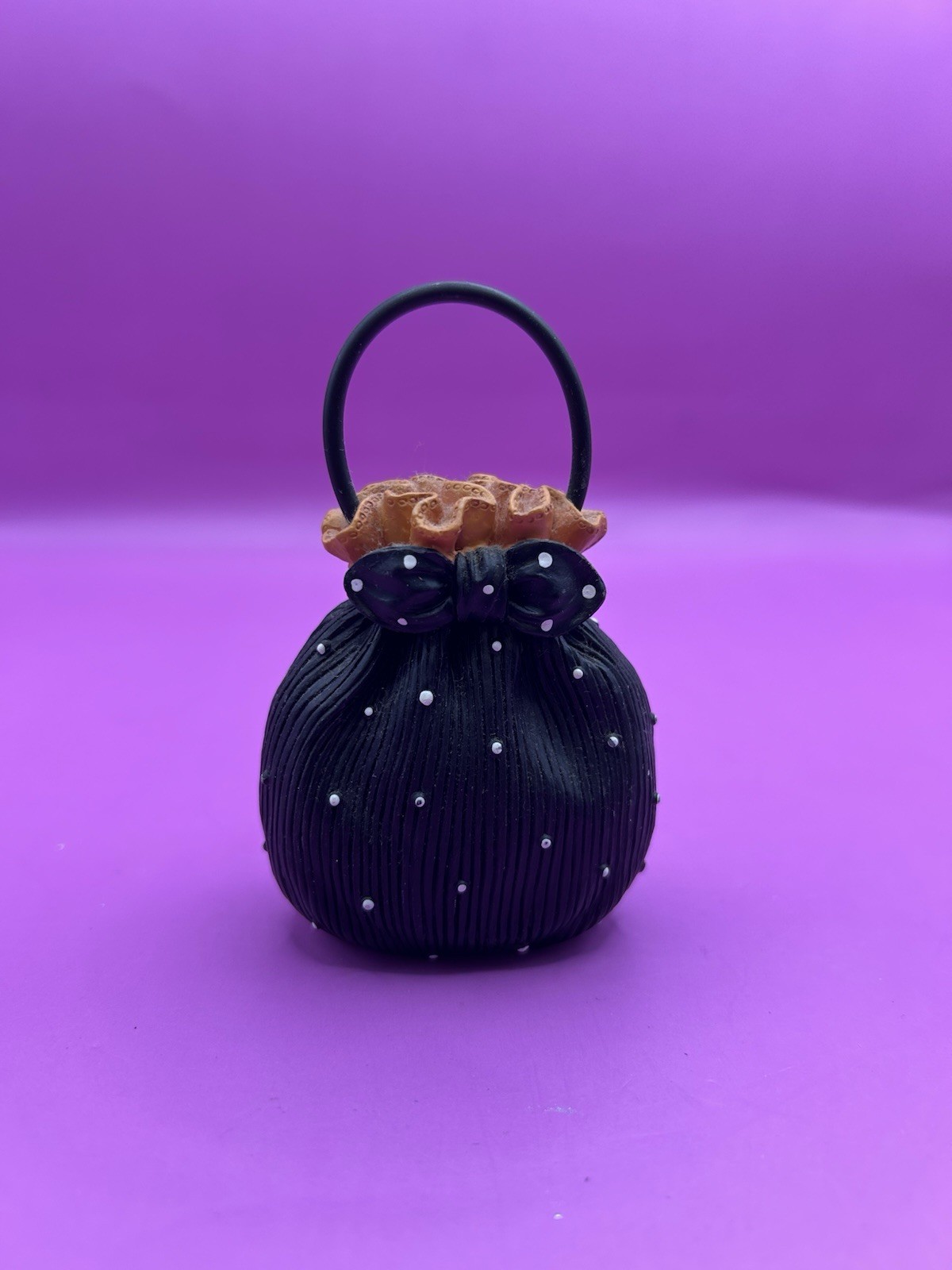 Vintage miniature decorative purse black with polka dots and orange trim
