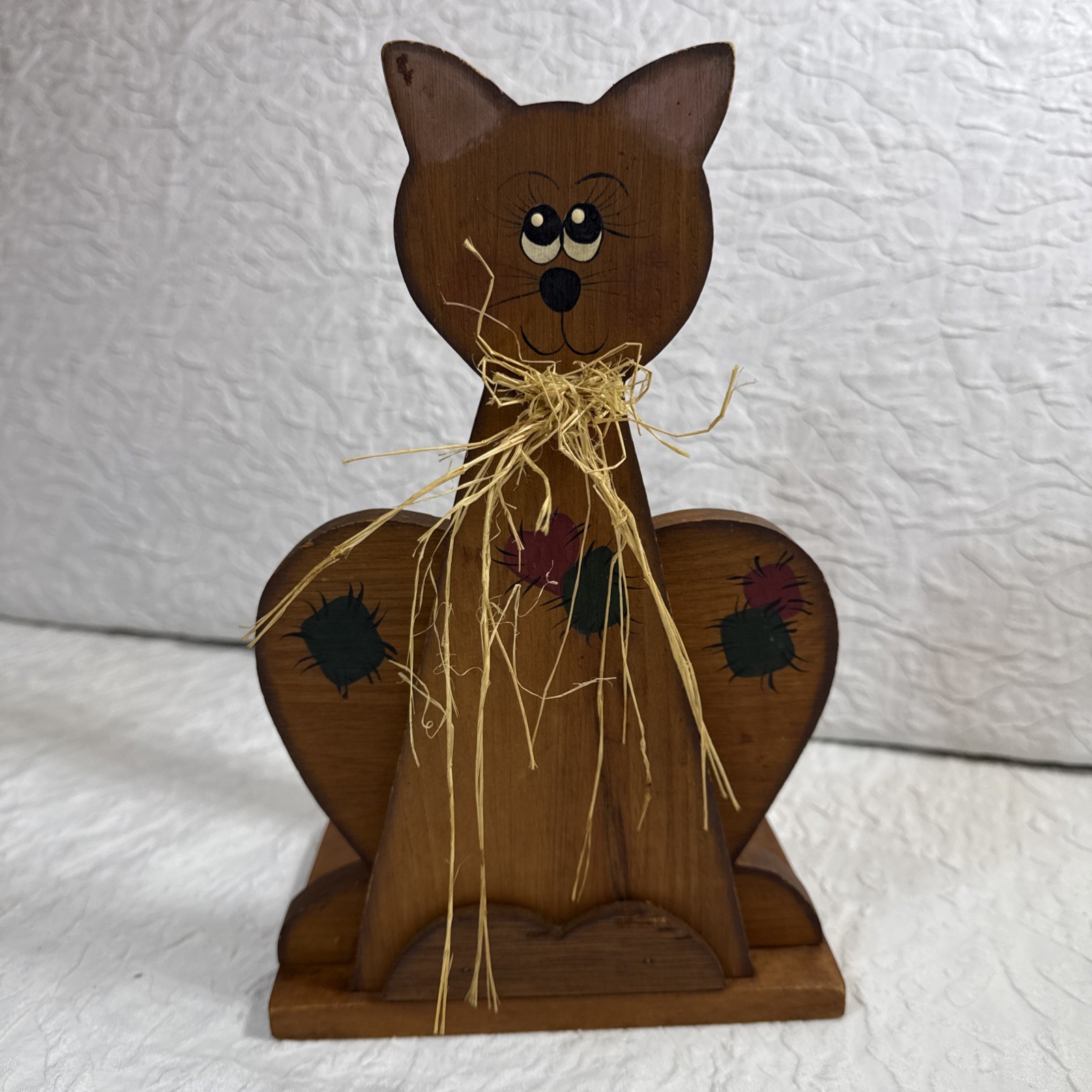 Vintage Hand-Painted Wooden Cat Paper Towel Holder 80s Folk Art Country Decor
