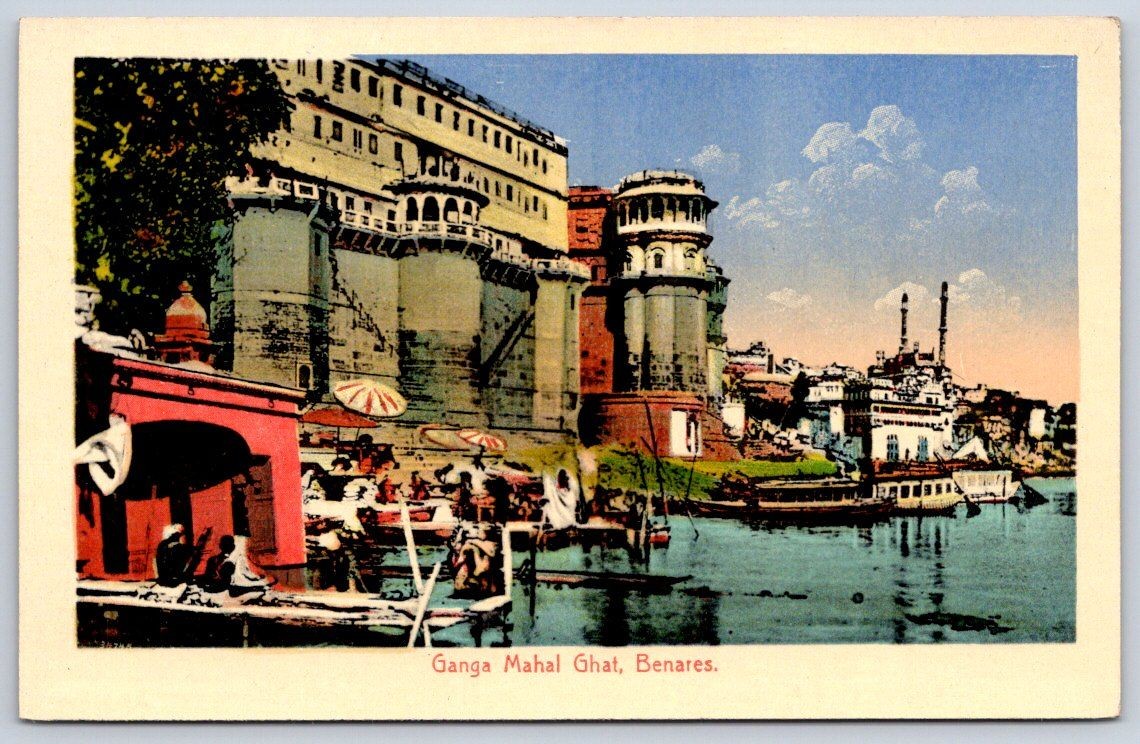 Antique India Postcard VARANASI Benares Ganga Mahal Ghat 1910