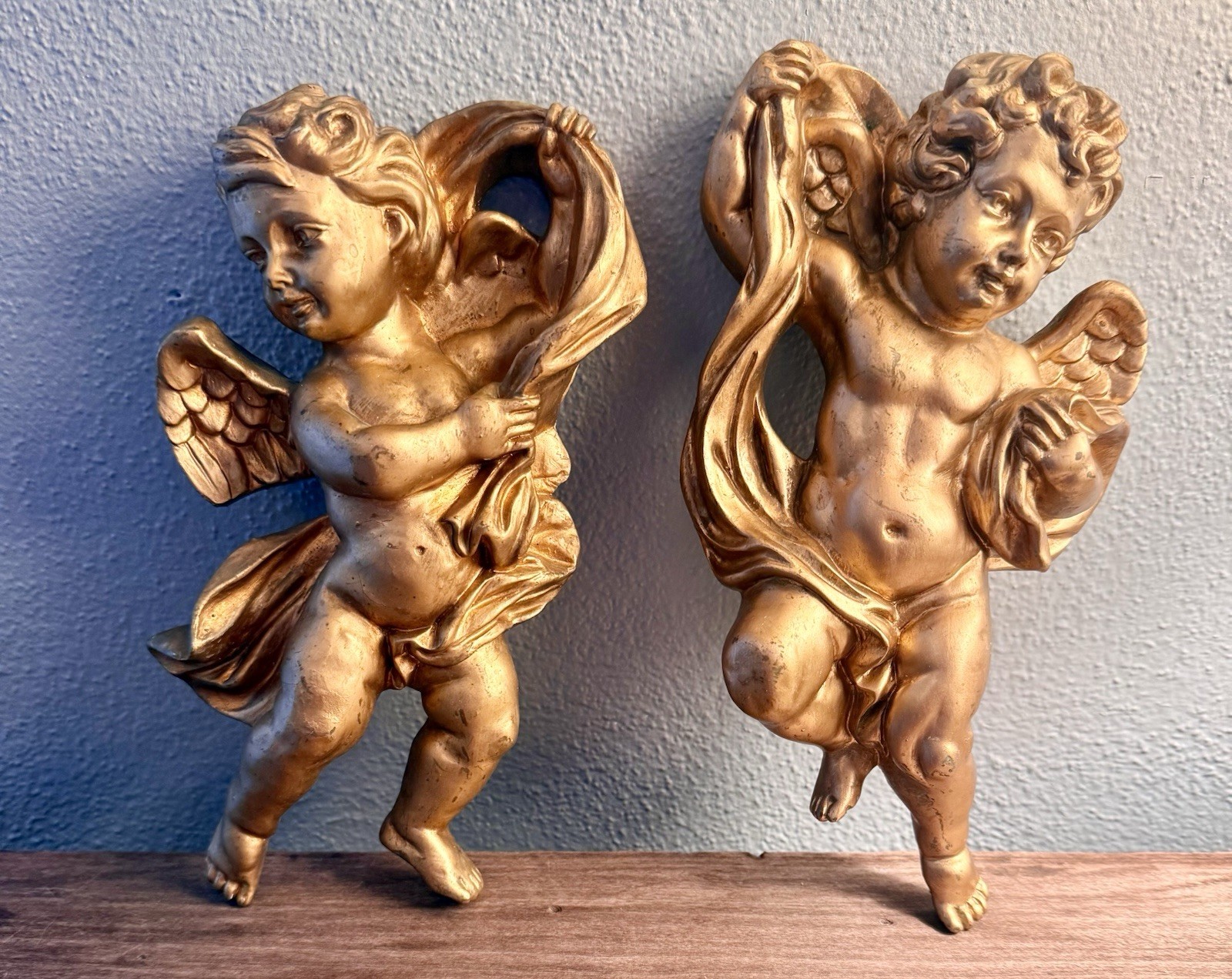 Pair of VTG MCM Homco #1120 Gold Cherub Angles Wall Hang Decor Hollywood Regency