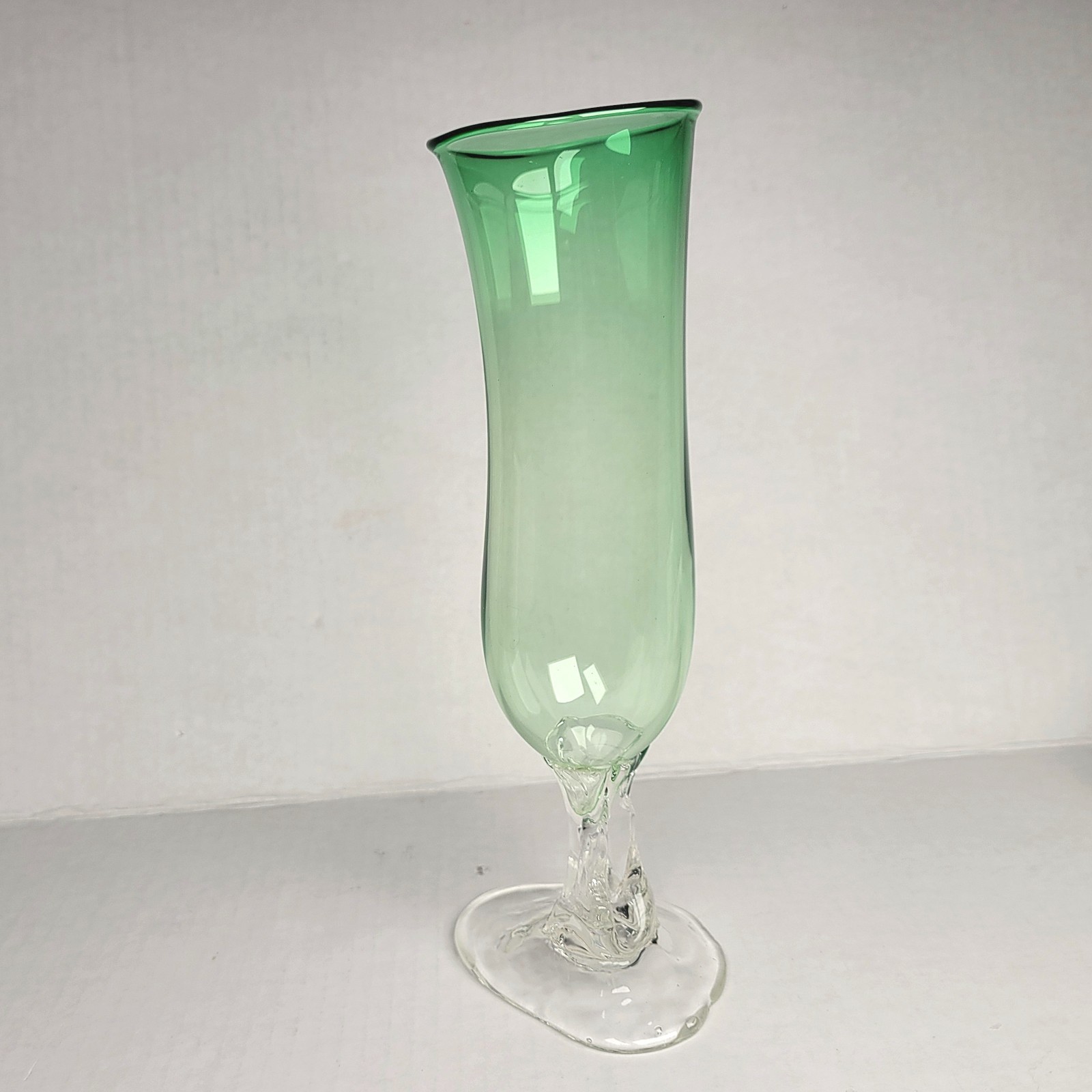 Whimsical Art Glass Vase 9.25″ Green & Clear Glass Signed Unique Asymmetrical