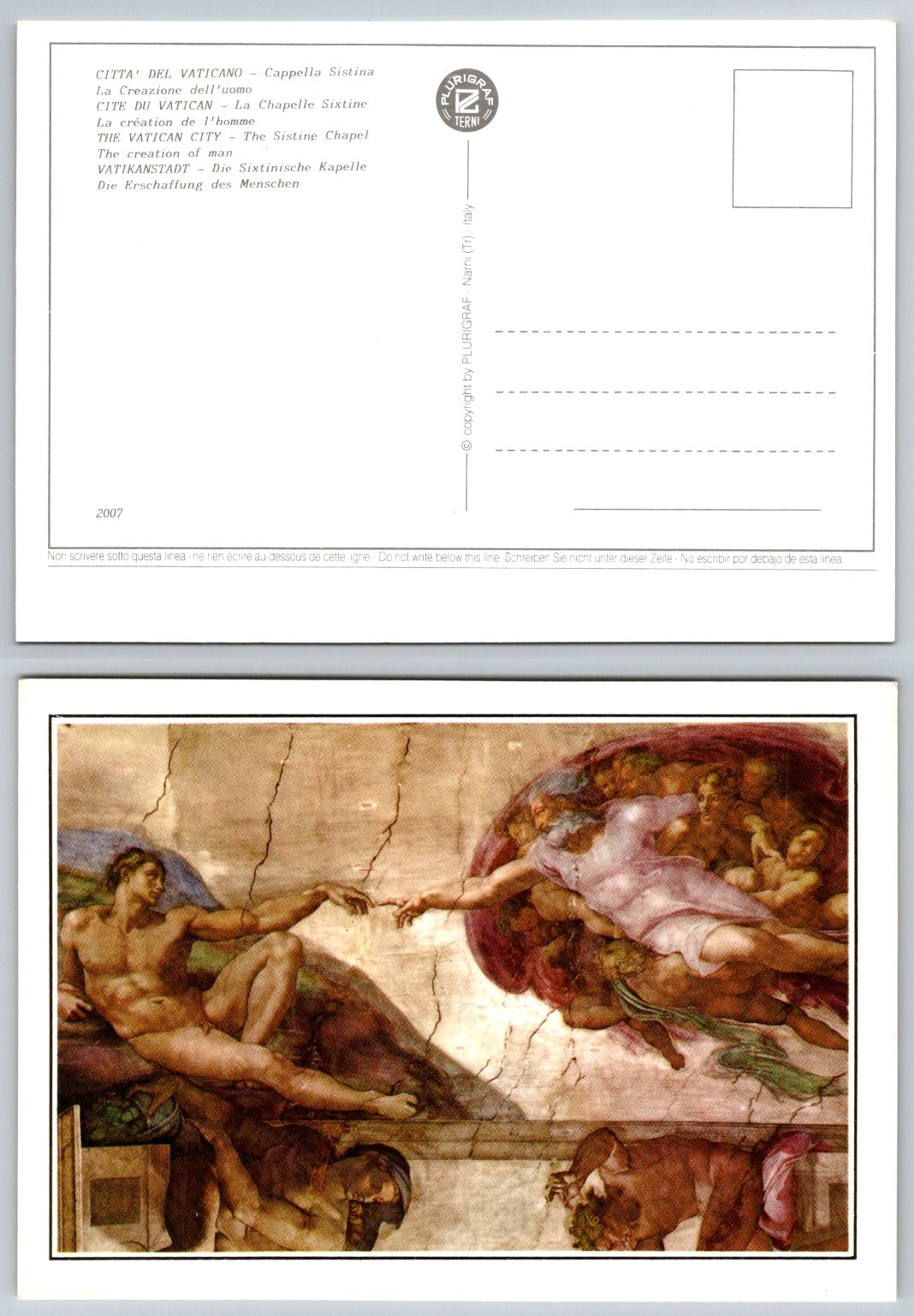 2007 Vatican City Sistine Chapel Creation of Adam Plurigraf Postcard Art