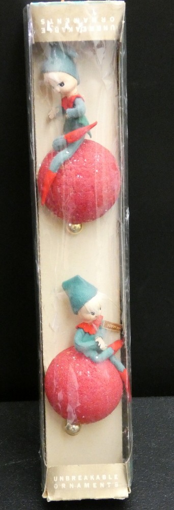 Vintage Christmas Holiday House Pixie Elf on Red Ball Set Original Unopened