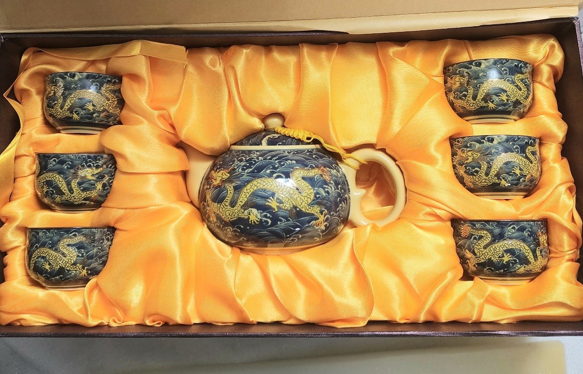 Vintage Chinese Cobalt Blue Wave, Yellow, Gold & Red Tea Set w/ 6 cups Dragons