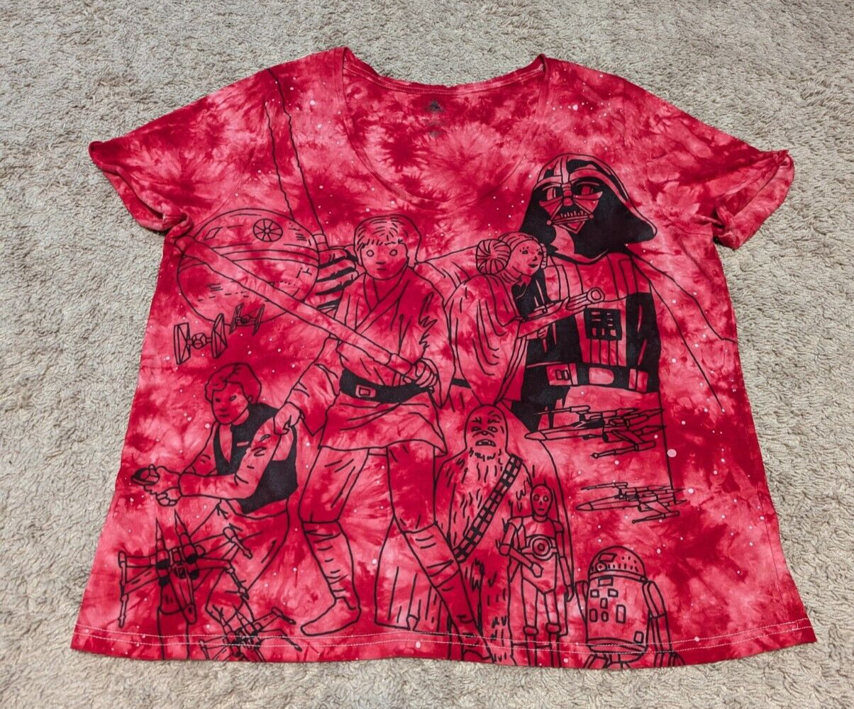 Disney Store Star Wars Graphic Cartoon Red Tie Dye T Shirt Womens Sz XL Scribble