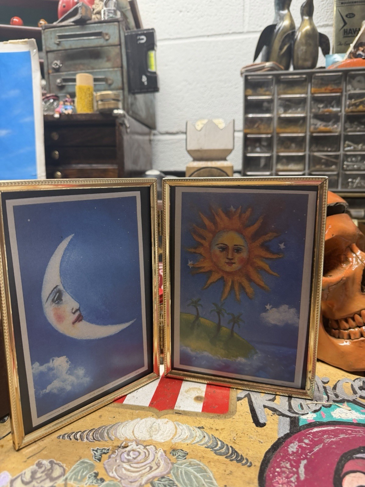 Vintage Brass Double Frame Celestial Print- Not Original – Read