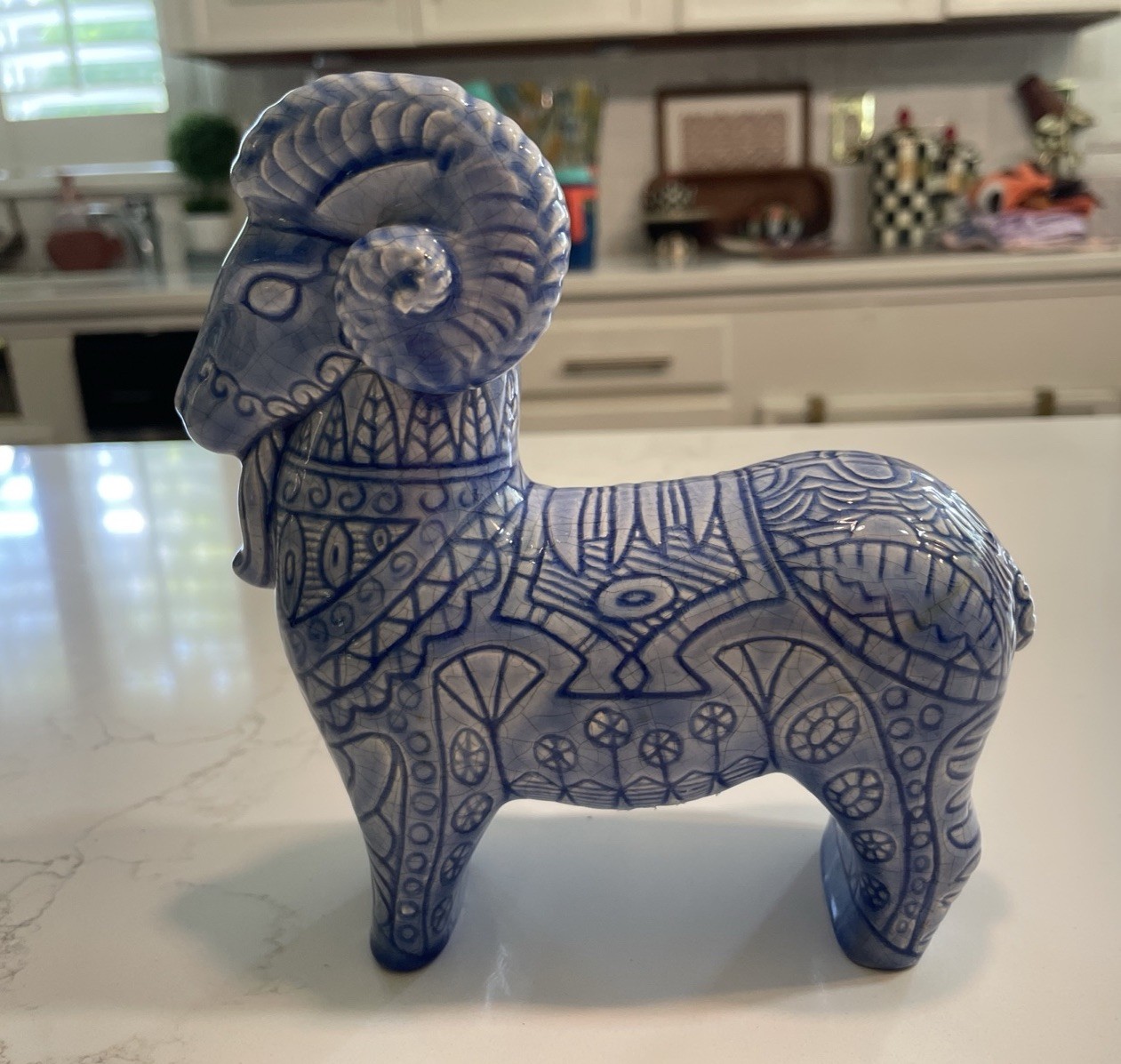 MCM VINTAGE 1960’s STANDING BLUE HORNED RAM CERAMIC MOLDED FIGURE, SGRAFFITO