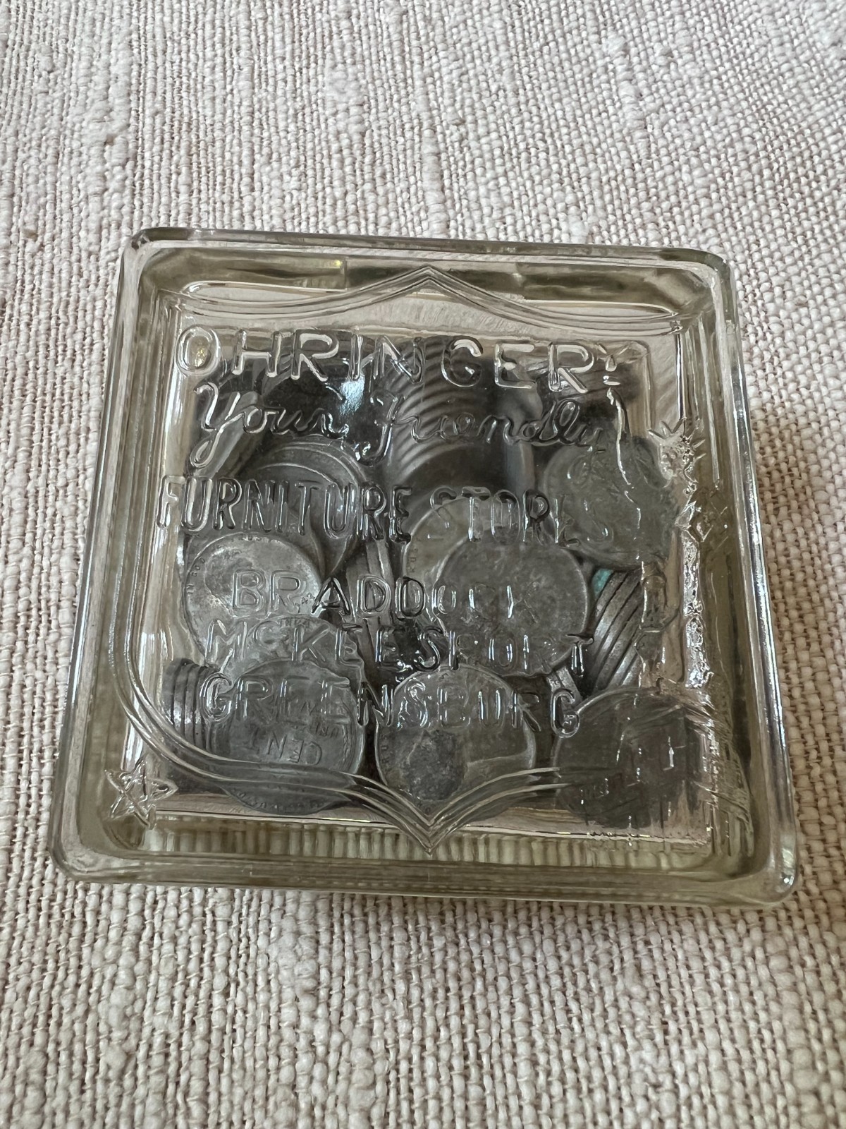 Vintage 1941 Ohringer Furniture Etched Glass Liberty Bell Bank -100% PACKED FULL
