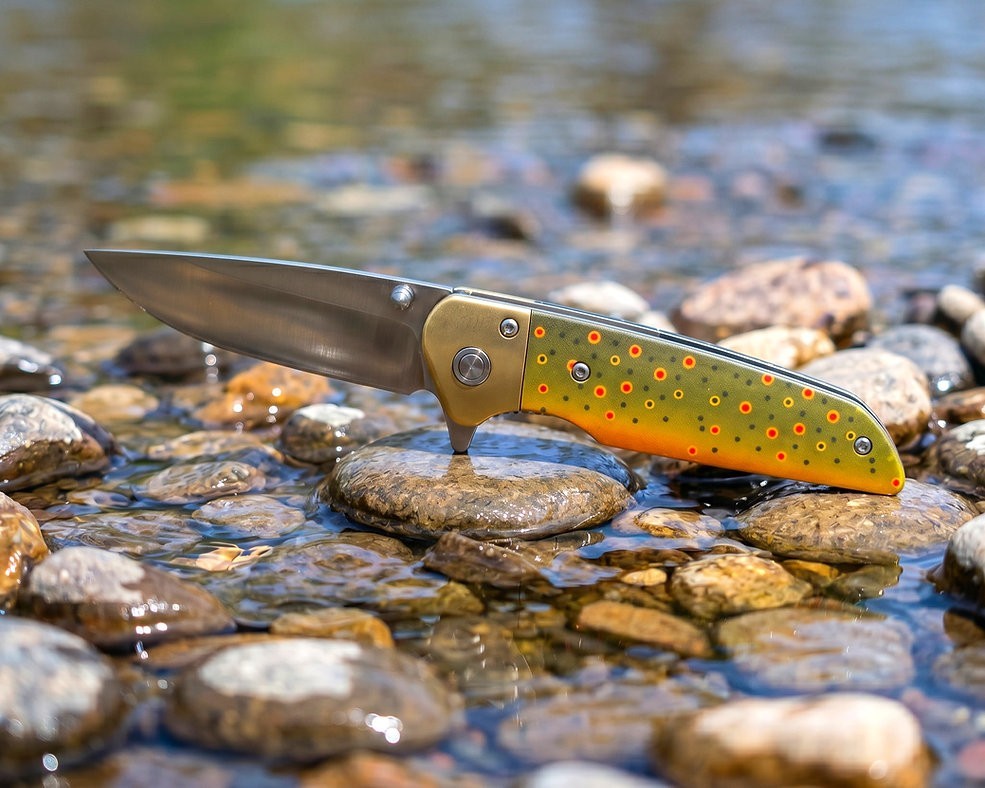 Graywolf RiverBorn EDC Folding Knife – D2 Steel, Brass Bolster, Trout Patterns