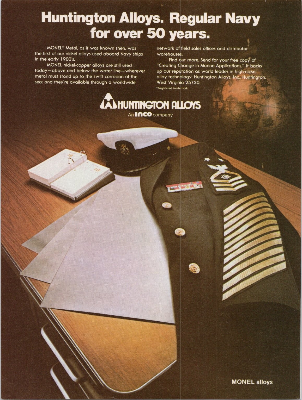 Huntington Alloys Vintage Print Ad Monel Nickel-Copper Alloys Navy 1980