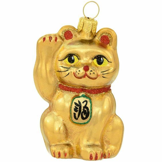 Blown glass Golden Lucky Cat ornament-gold, red, green, Chinese money symbol-NEW