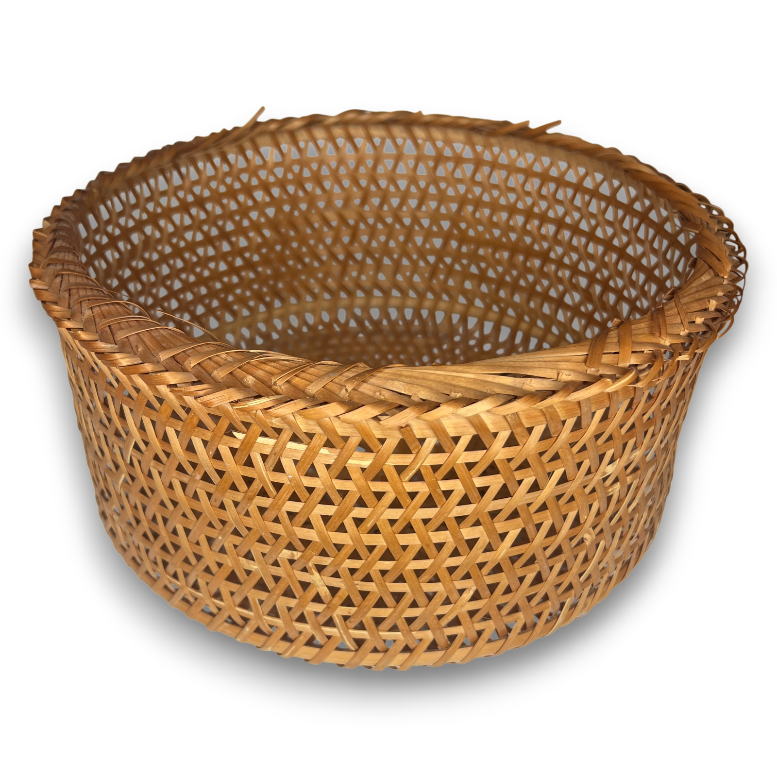 Vintage Handwoven Bamboo Basket Mutsume Style Round 12″ x 5.5″