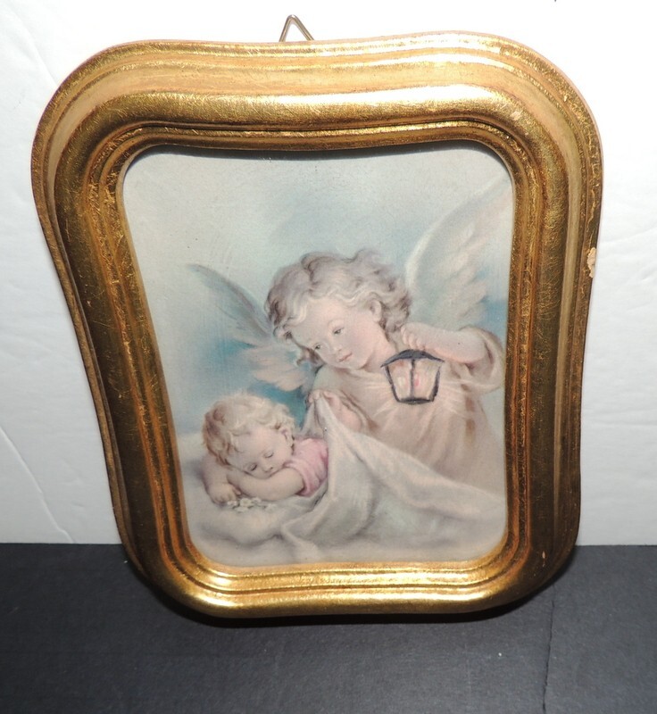 Vintage Guardian Angel Over Sleeping Baby Gold Tone Frame Made In Italy 4″ x 5