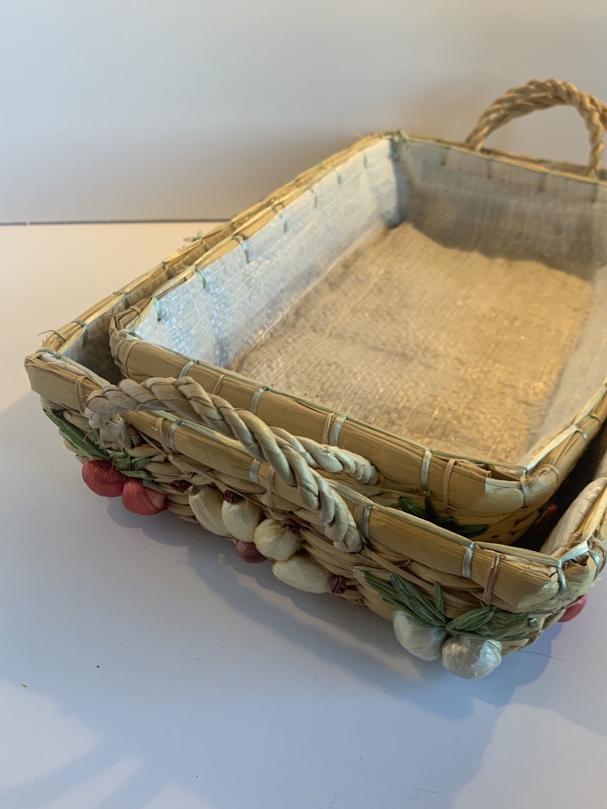 2 Pretty Rectangular Straw Baskets~Handled~Woven Fruit Pyrex Holders