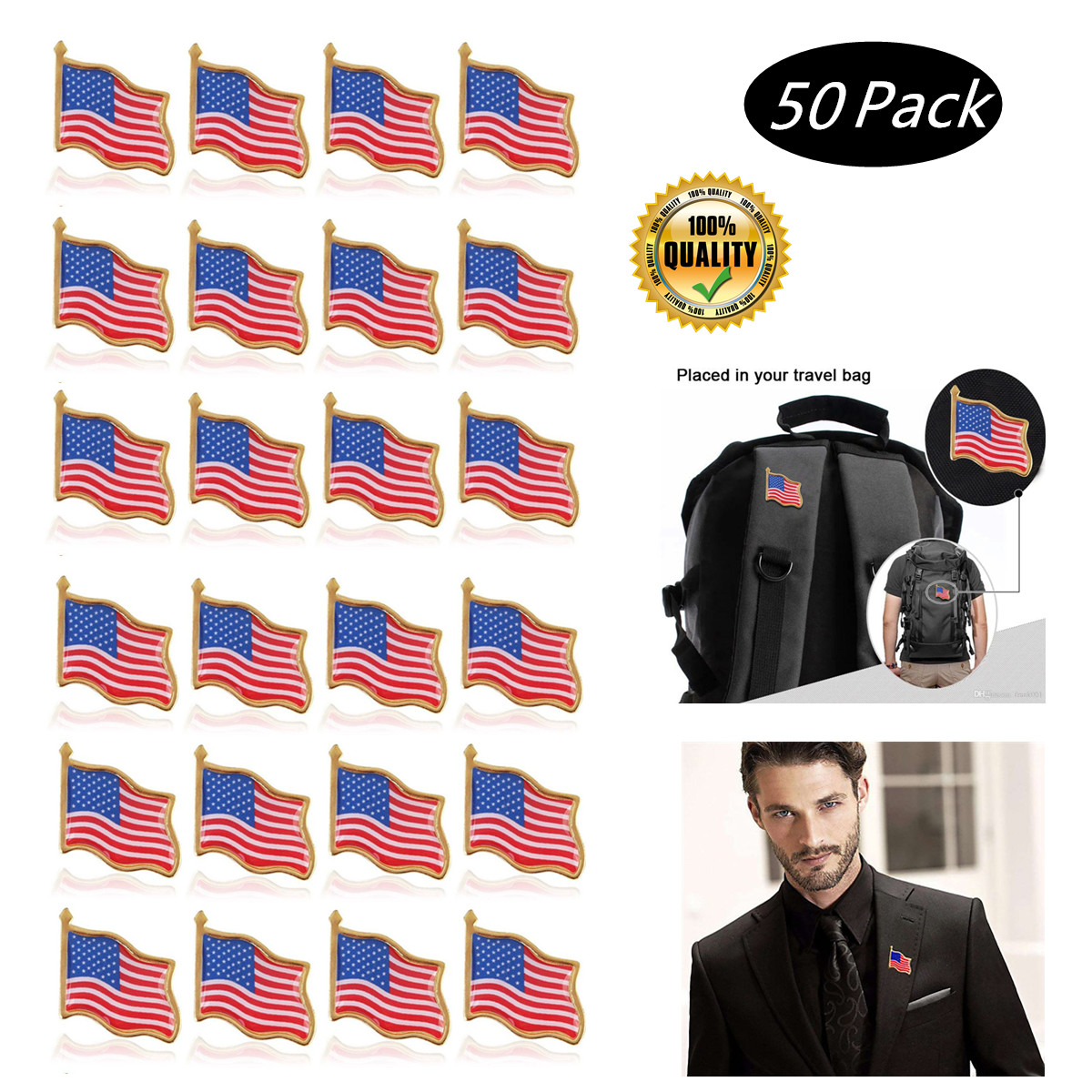 Lot of 50 AMERICAN FLAG LABEL PINS United States USA Hat Tie Tack Badge Pin