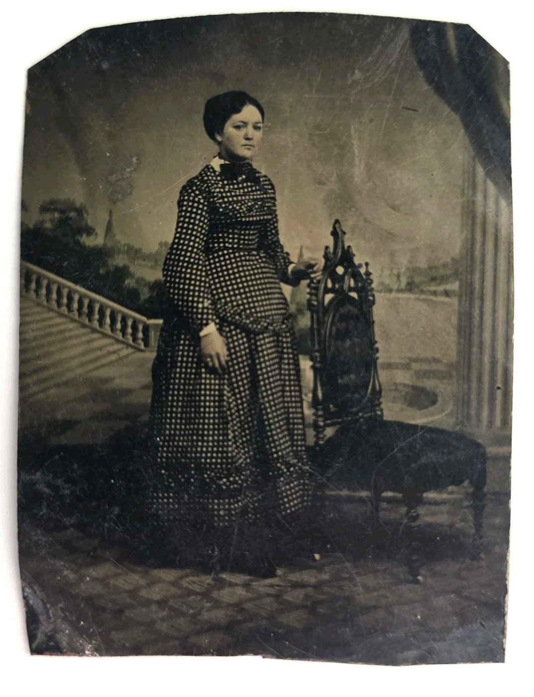 Antique Tintype Photo Young Victorian Lady Woman Pattern Dress Fashion Nice Look