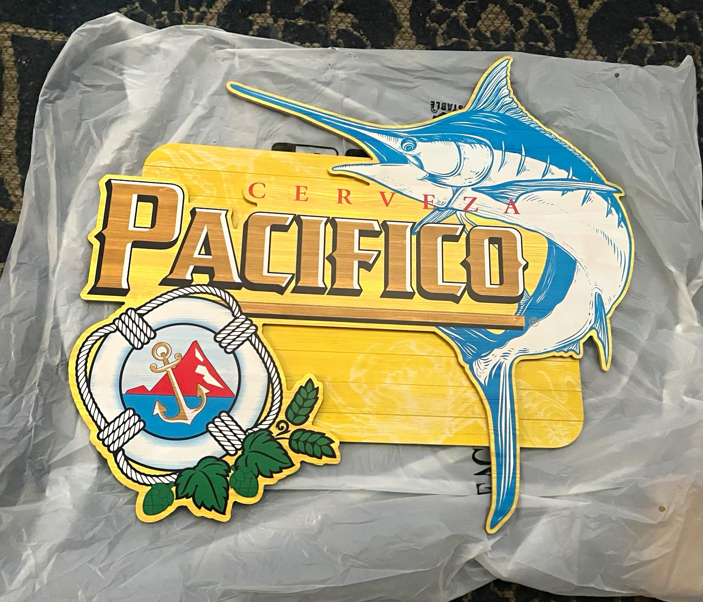 Pacifico Cerveza Wooden Wall Sign Plaque Marlin Fish & Anchor Logo New 24”x 23”