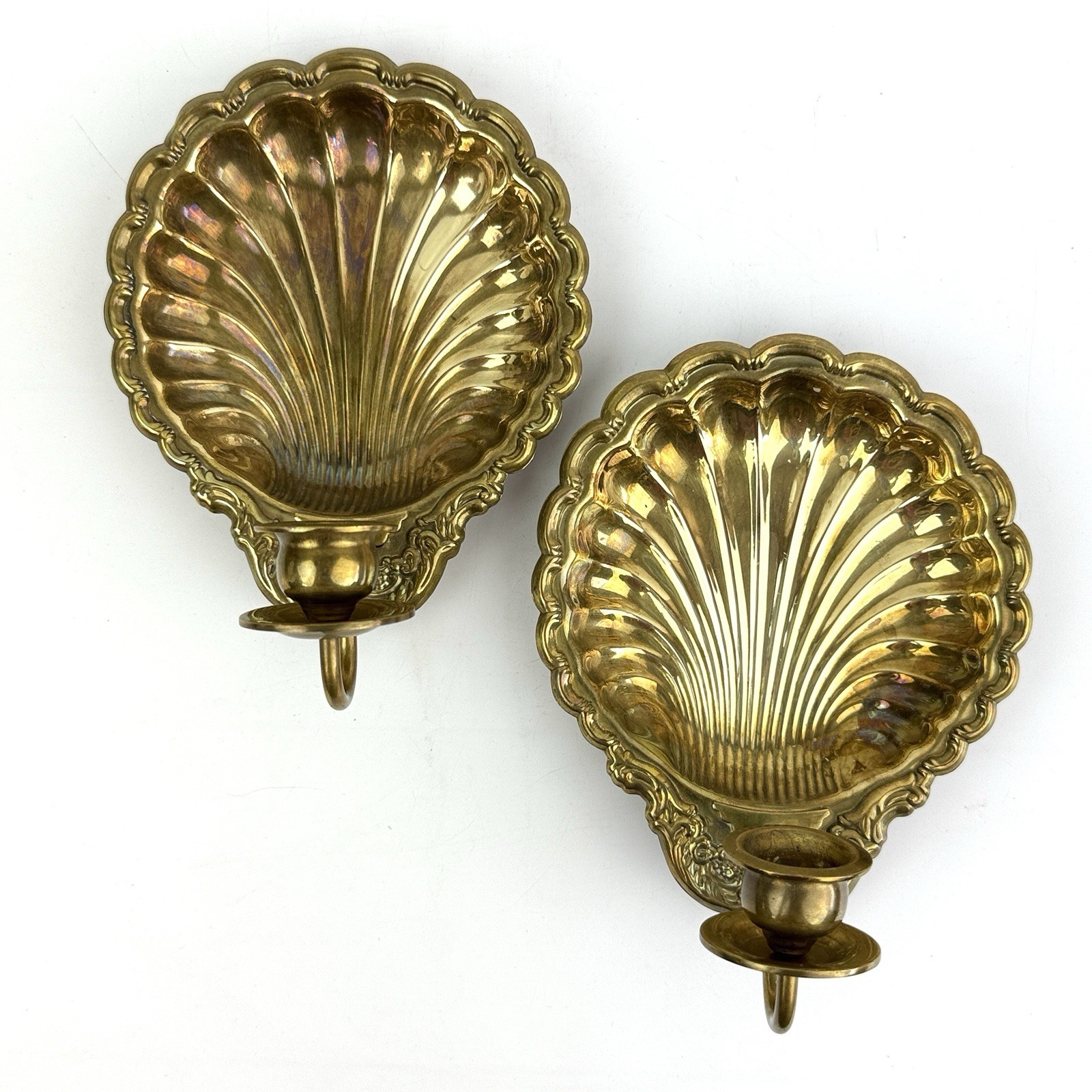 Vintage Gatco Solid Brass Scallop Clam Shell Candle Wall Sconce Pair 1970s