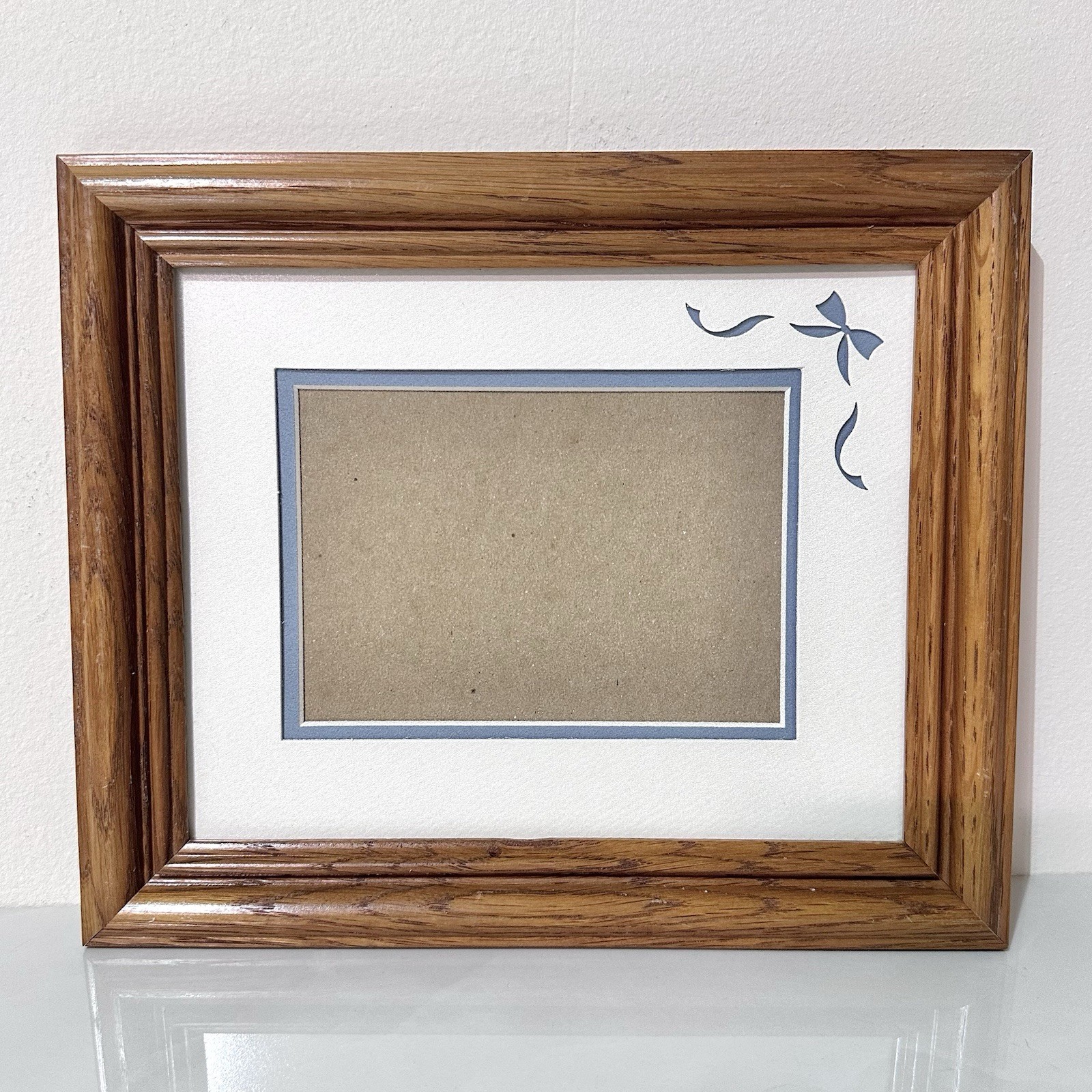 Vintage Wood Picture Frame Blue Bow 12×10 w Mat Rustic Oak Wall Decor Farmhouse