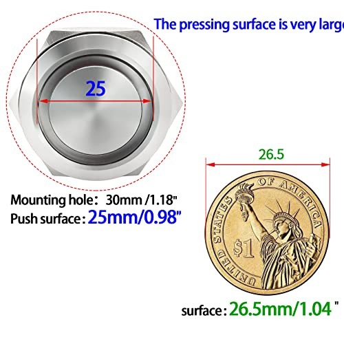30mm Momentary Push Button Switch Waterproof with 12V LED Momentary, 12V Blue