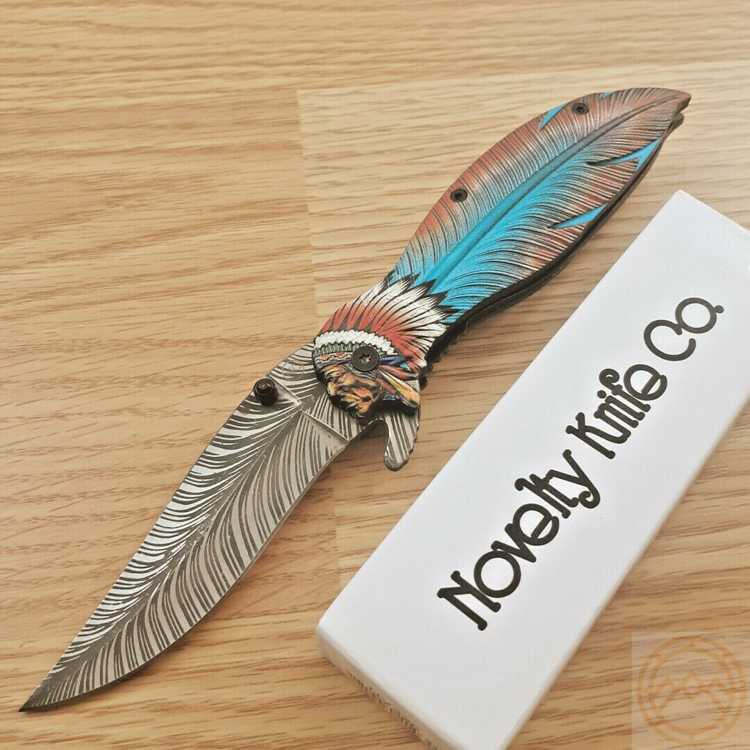 Novelty Cutlery Feather Folding Knife 3.5″ Stainless Steel Blade Aluminum Handle