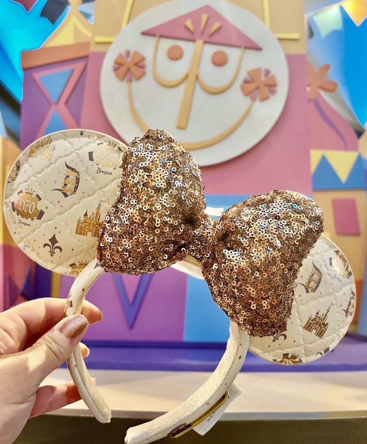 NEW Disneyland 70th Anniversary Gold White Castle Sequin Quilted Minnie Ears NWT