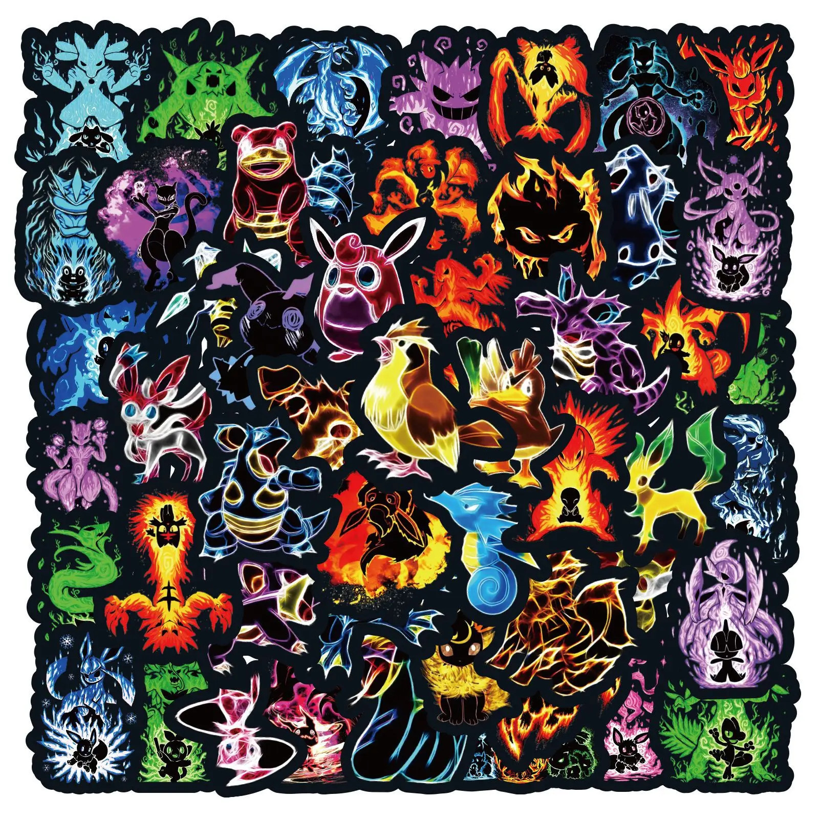 Pokemon Stickers 60 Pack Neon Dark Background Decal Shiny Sticker Set Glossy